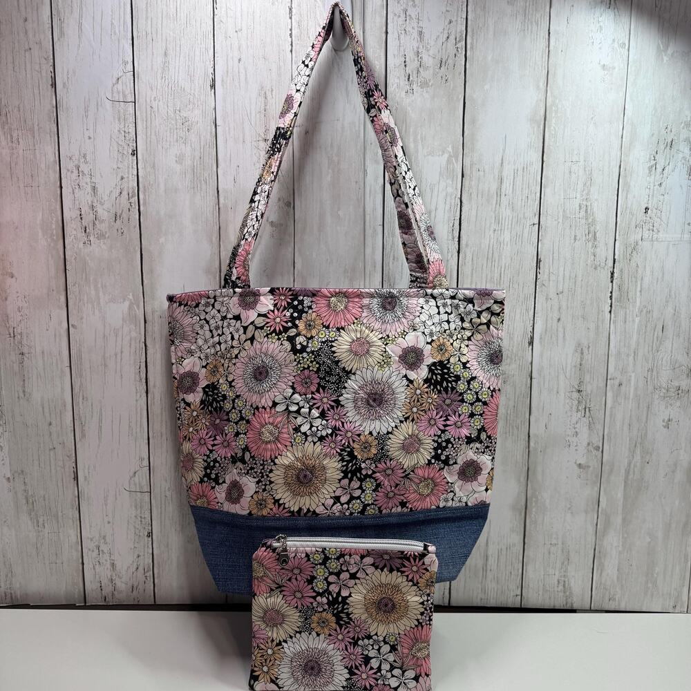 Quilted Pink Floral Garden Tote Bag Denim Accent Matching Zipper Pouch Included